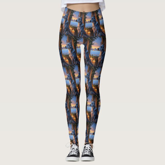 Legging Blue Heeler Com Luzes de Natal Feriado  (Frente)