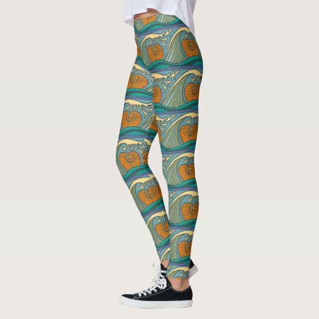 Legging Blue Ocean Waves Nautilus Seashell Pattern Nouveau (Esquerda)
