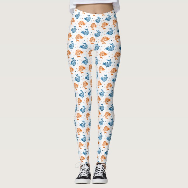 Legging Blue Orange Summer Japonês Koi Fish (Frente)