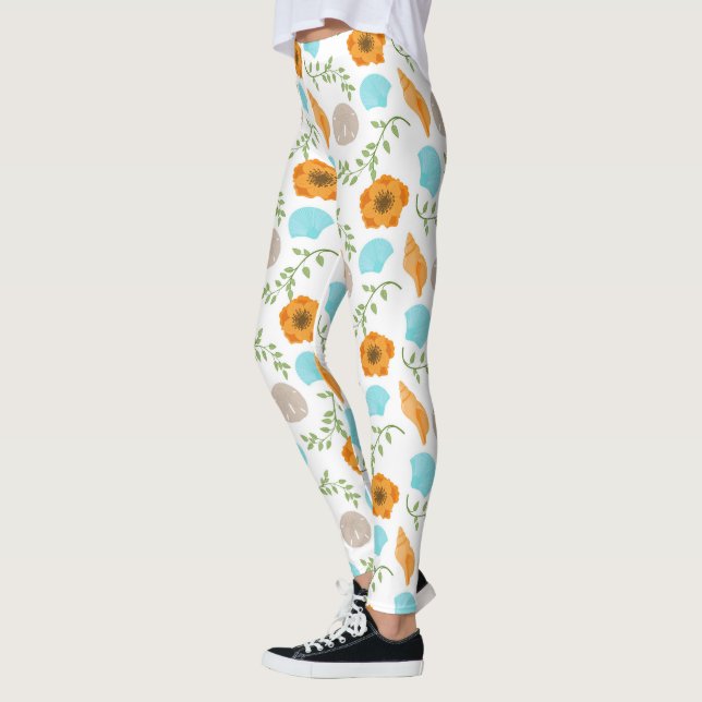 Legging Blue Seashells Sea Snail Orange Flower (Esquerda)
