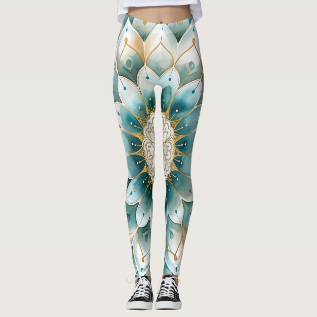 Legging Blue Teal Dourado Floral Mandala (Frente)