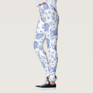 Legging Blue White Modern Vintage Pequeno Toile Floral