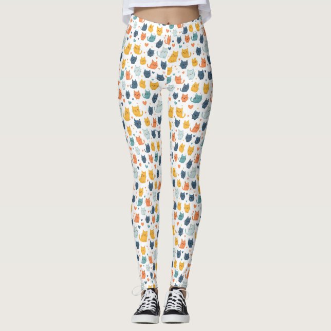 Legging Blue Yellow Orange Kawaii Whimsical Cat Pattern (Frente)