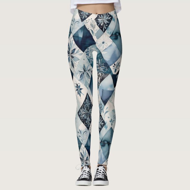 Legging Blues E Cremes Em Padrão De Ouros Florais (Frente)