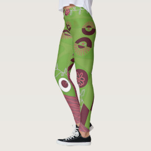 Legging Bohemian Chintz Ilustração Cinza Verde da Borgonha
