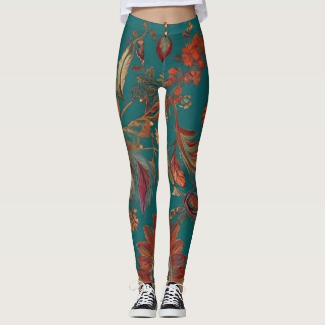 Legging Bohemian Style Emerald & Ruby Feather Impressão (Frente)