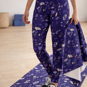 Legging Boho Aguarela Flores Silvestres Azul Marinho