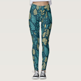 Legging Boho Azul Marinho Amarelo Folhas Botânicas Verdura