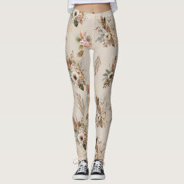 Legging Boho Bege Floral Botânico Flores Rosa Verde