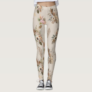Legging Boho Beige Floral Flor Botânica Rosa Verde