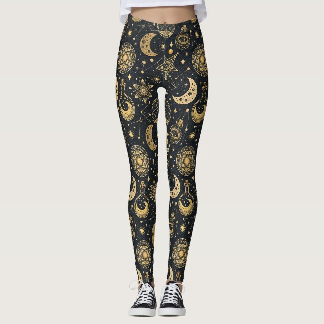 Legging Boho Celestial com Símbolos de Alquimia Dourados (Frente)