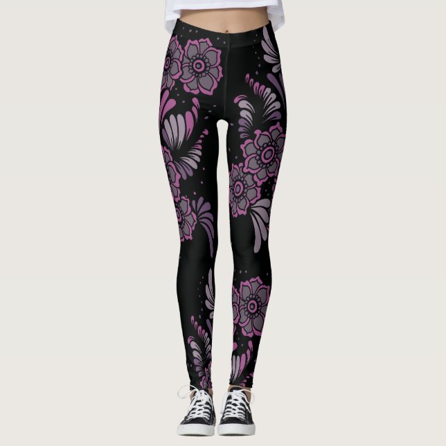 Legging Boho Chic Yoga Zen Purple Floral Mandala Padrão (Frente)