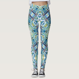 Legging Boho Floral Abstrato Patterno Artístico Azul Gren