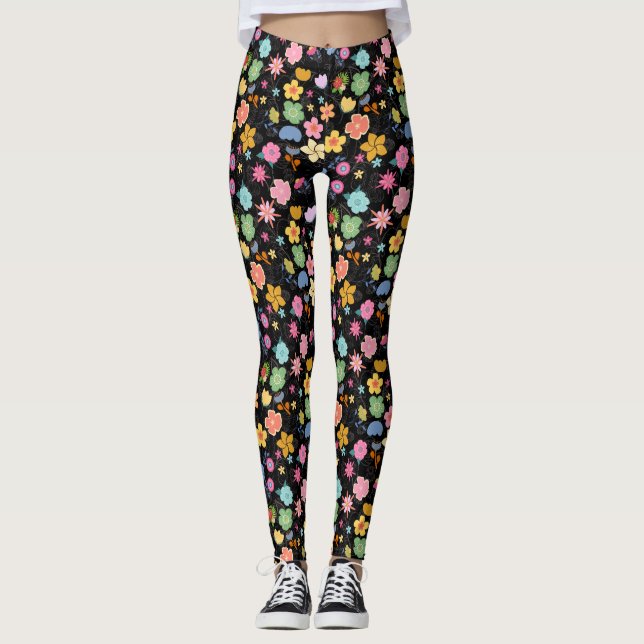 Legging Boho Flowers Padrão B01.b Preto BG (Frente)