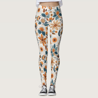 Legging Boho Folk Art Wildflower Meadow Rust Teal Floral