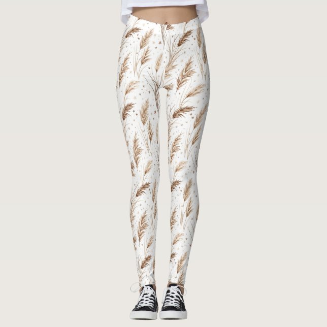 Legging Boho Grama Pampas Bege Marrom Padrão Estrela (1) (Frente)