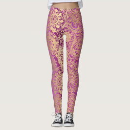 Legging Boho Mandala, rosa e Dourado, padrão Yoga