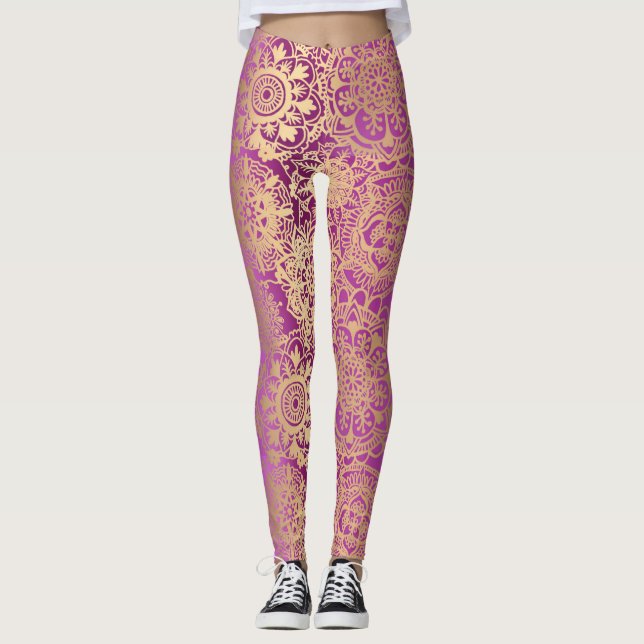 Legging Boho Mandala, rosa e Dourado, padrão Yoga (Frente)