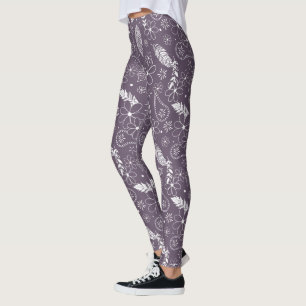 Legging boho penas flores padrão em roxo QUALQUER cor