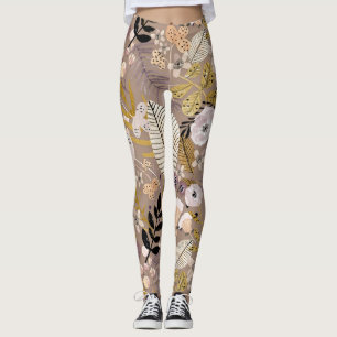 Legging Boho Preto Dourado Pêssego Branco Traçado Folha Fo