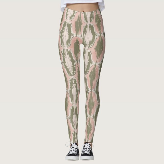 Legging Boho Rubor Rosa Padrão Ikat Oliva (Frente)