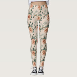 Legging Boho Style Roses In Pastel Orange And Sage Green 