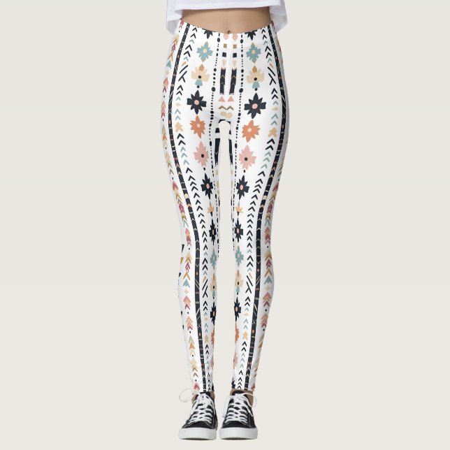 Legging Boho Tribal Aztec Listras Verticais Creme Ferrugem (Frente)