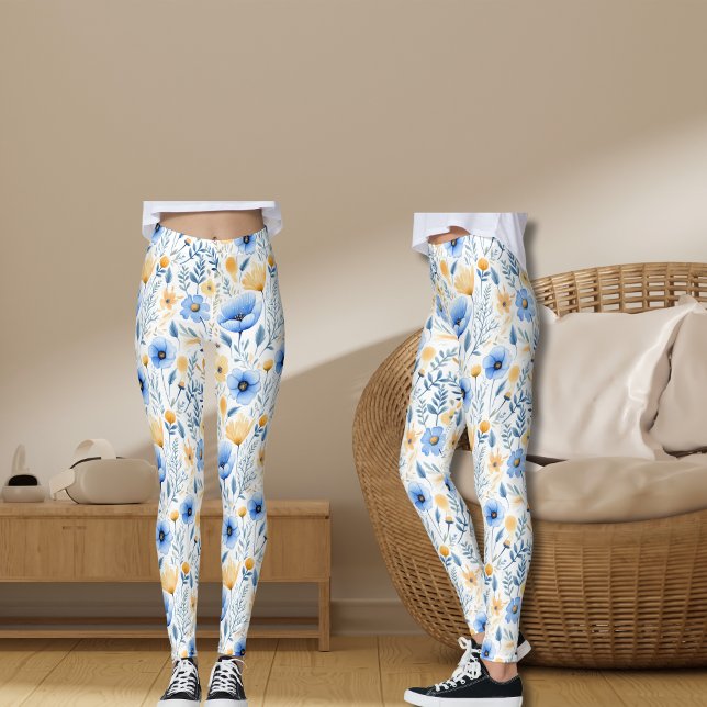 Legging Boho Wildflower Blue Yellow Floral Yoga (Blue Yellow Wildflowers Boho Yoga Leggings)