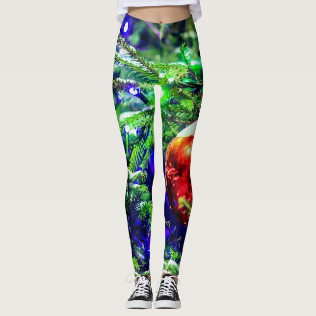 Legging Bola Vermelha de Árvore de Natal Verde (Frente)