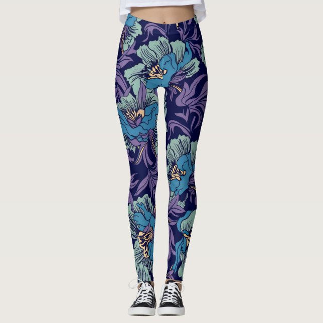 Legging Bold Blue & Teal Botanical Print Floral Pattern  (Frente)