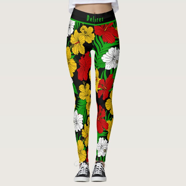 Legging Bold Tropical Hibiscus Floral Pattern  (Frente)