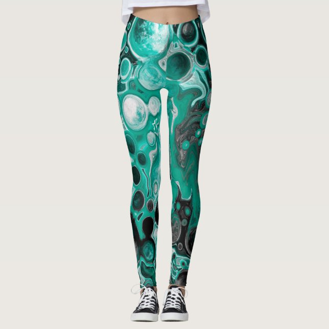 Legging Bolhas de Teal e Negra Células Digitais de Fluido (Frente)