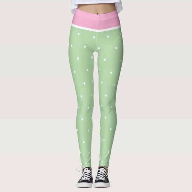 Legging Bolinhas brancas e verdes cor-de-rosa pastel (Frente)