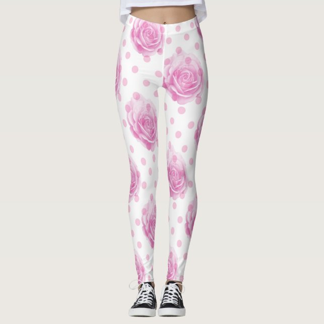 Legging bolinhas e rosas rosa bonito (Frente)