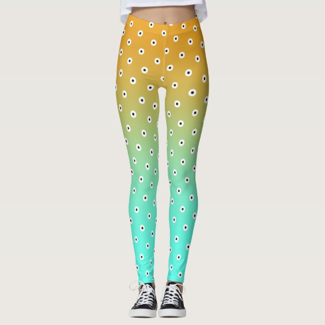 Legging Bolinhas Preta/Branco Sobre Turquesa/Dourada (Frente)