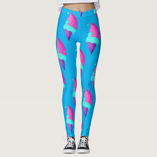 Legging Boneca Fofa Rosa Quente Azul Padrão de Sorvete (Frente)