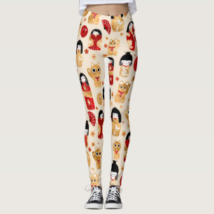 Legging Bonecos Japoneses - Gatos Kokeshi e Maneki Neko