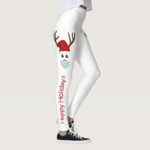 Legging Bonita Reindeer de Natal Vestindo Máscara Vermelha