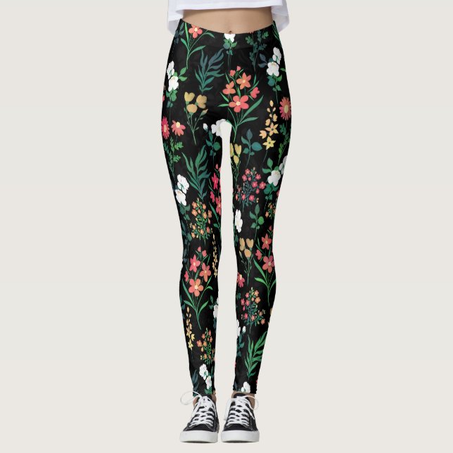 Legging Bonito Aquarela Preta Floral Botânica (Frente)