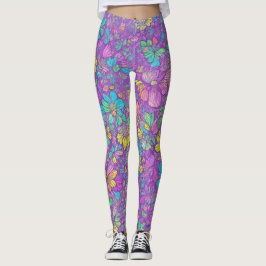 Legging Bonito Cor Roxo Púrpura Boho Hippie Padrão Floral