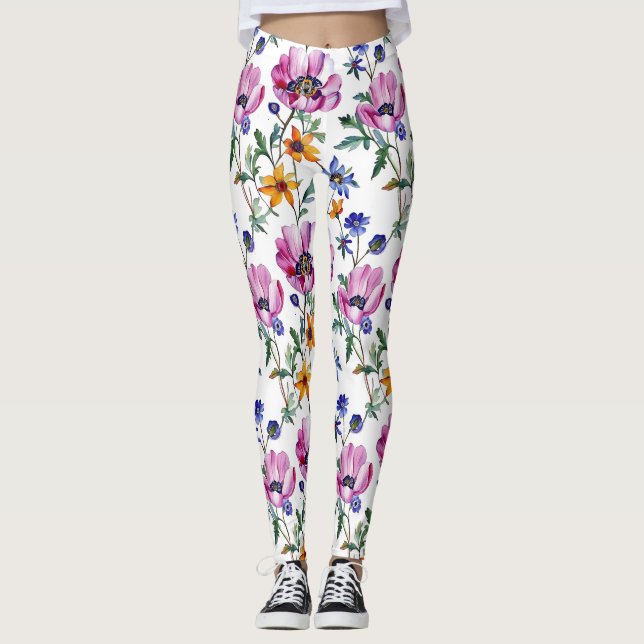 Legging Bonito das Watercolor, Puro e Amarelo Floral (Frente)