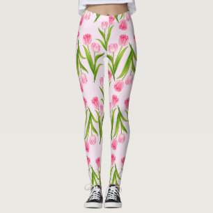 Legging Bonito Tulipas Rosa Flores Folhas Verdes