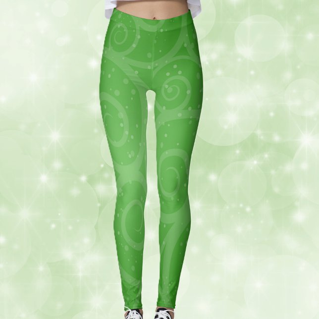 Legging Bonito verde festivo com espirais e círculos (Pretty festive abstract green with swirl pattern and dots on womans leggings.)