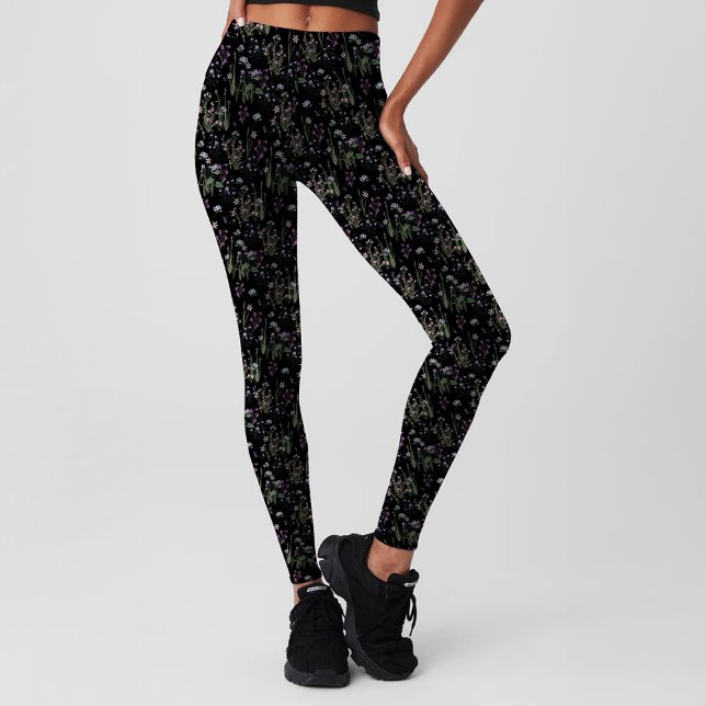 Legging Bonito Violeta Preta Ditsy Padrão FLoral Girly (Pretty black violet ditsy floral pattern printed leggings for yoga, fitness, pilates & lifestyle.)