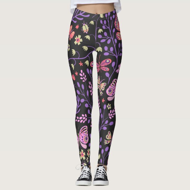 Legging Borboleta Colorida E Flores Rosa (Frente)