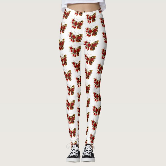 Legging Borboleta de flor vermelha com rosas vermelhas (Frente)