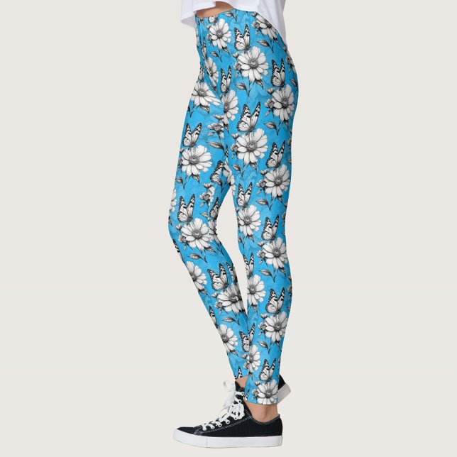 Legging Borboleta no padrão de flores Design azul (Criador carregado)