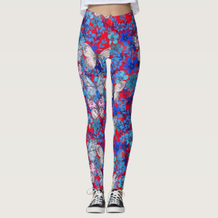 Legging Borboletas Coloridas Elegantes Flores em Vermelho