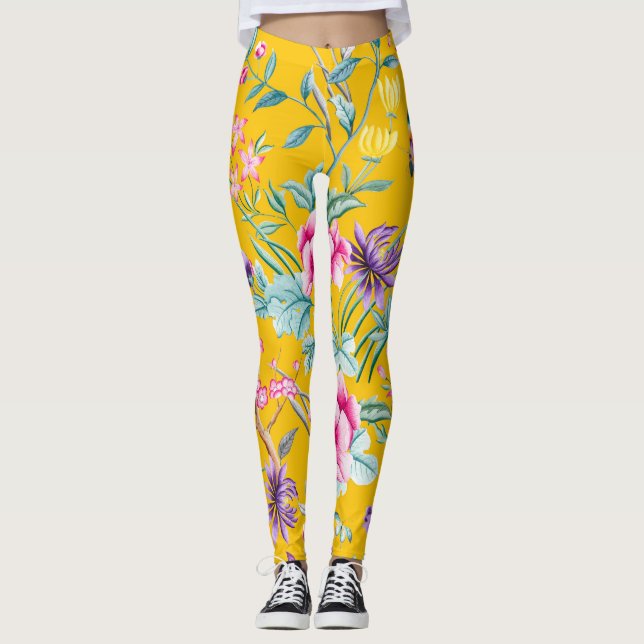 Legging Borboletas de comida, aves flores amarelas (Frente)