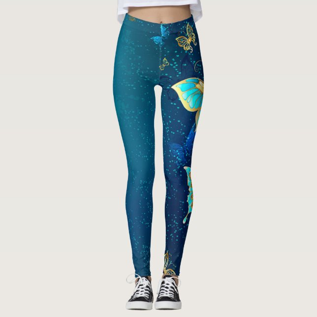 Legging Borboletas de Ouro em um fundo azul (Frente)